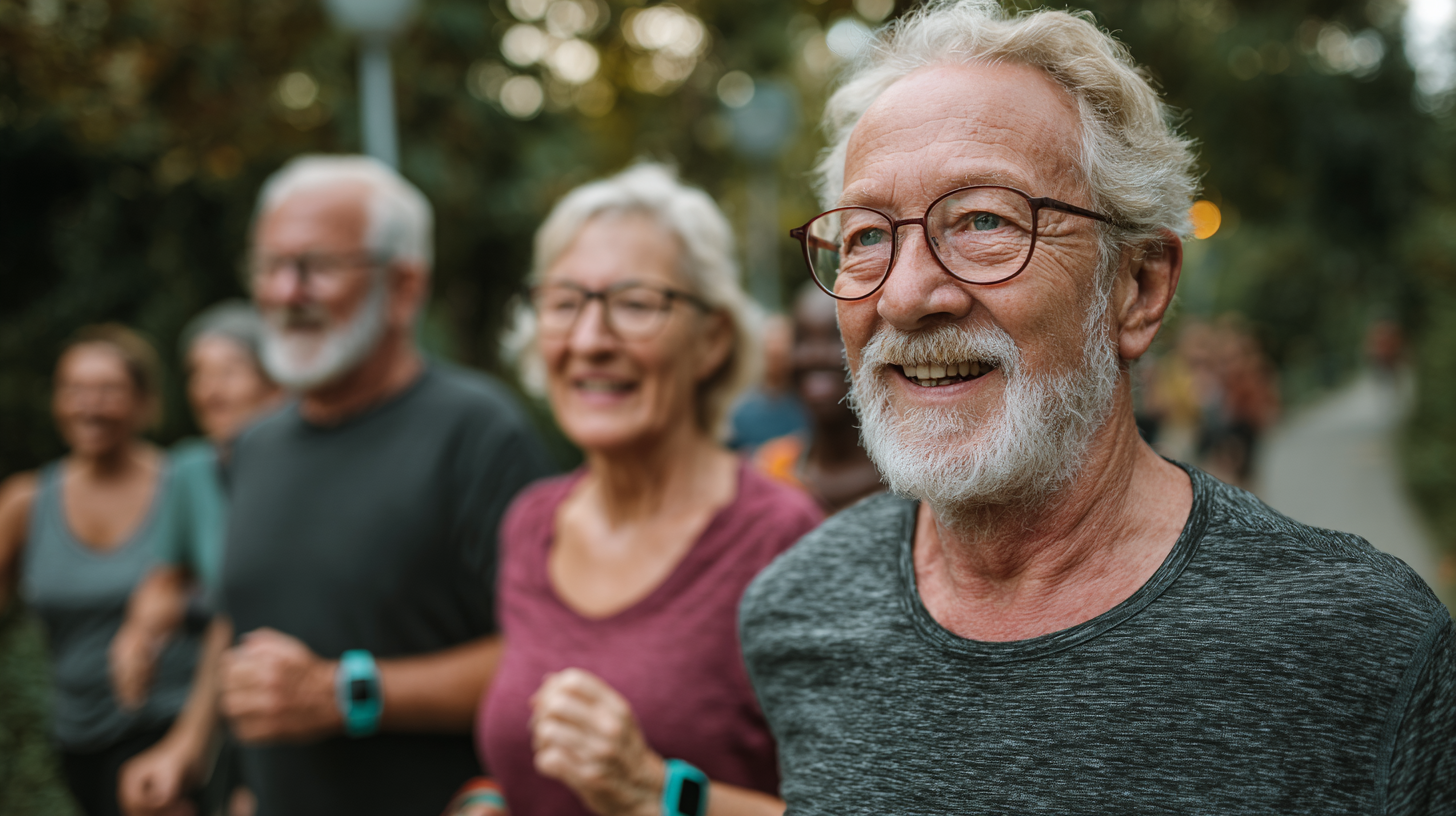 Grup de seniori făcând exerciții în parc